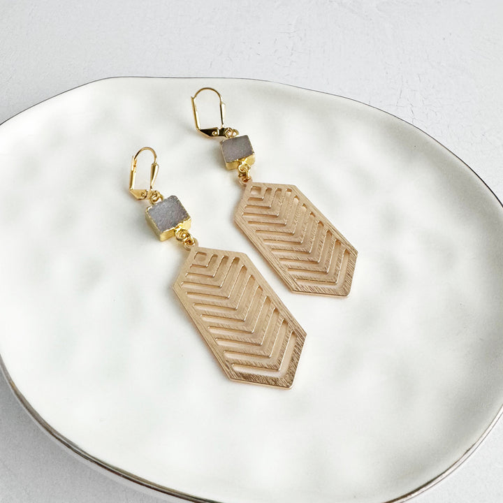 Natural Druzy Chevron Dangle Earrings in Brushed Gold