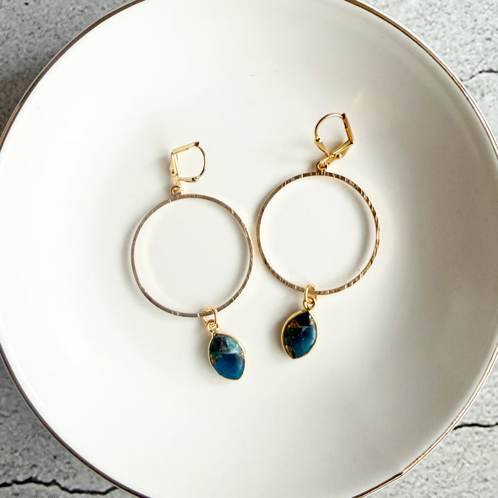 Teal Mojave Hoop Dangle Earrings in Brushed Gold