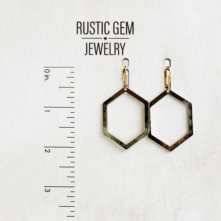 Hexagon Dangle Earrings in Brushed Gold