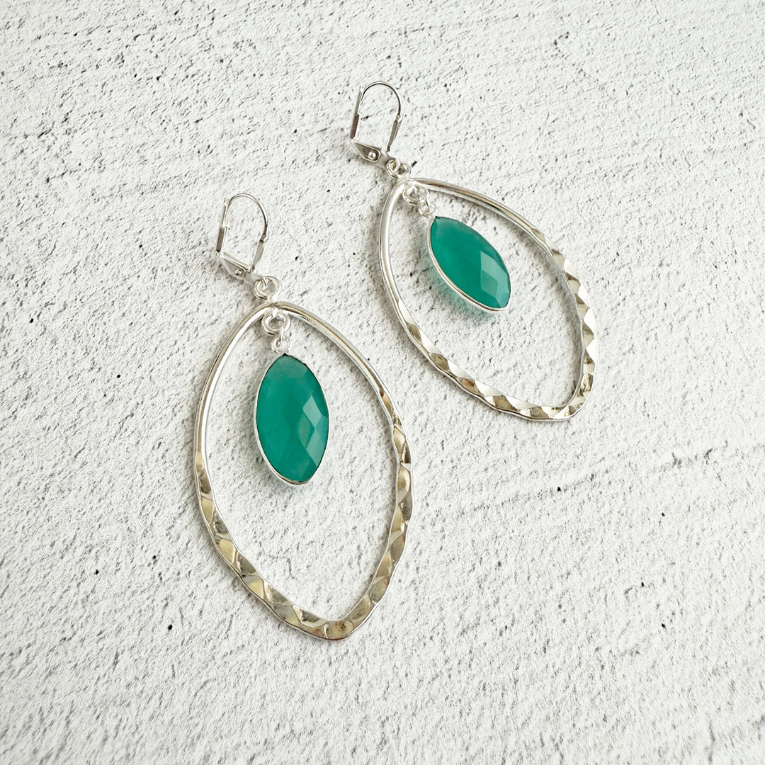 Aqua Chalcedony and Hammered Marquise Dangle Earrings in Silver