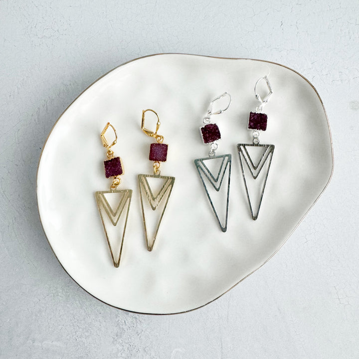 Burgundy Druzy and Layered Triangle Earrings in Brushed Silver or Gold