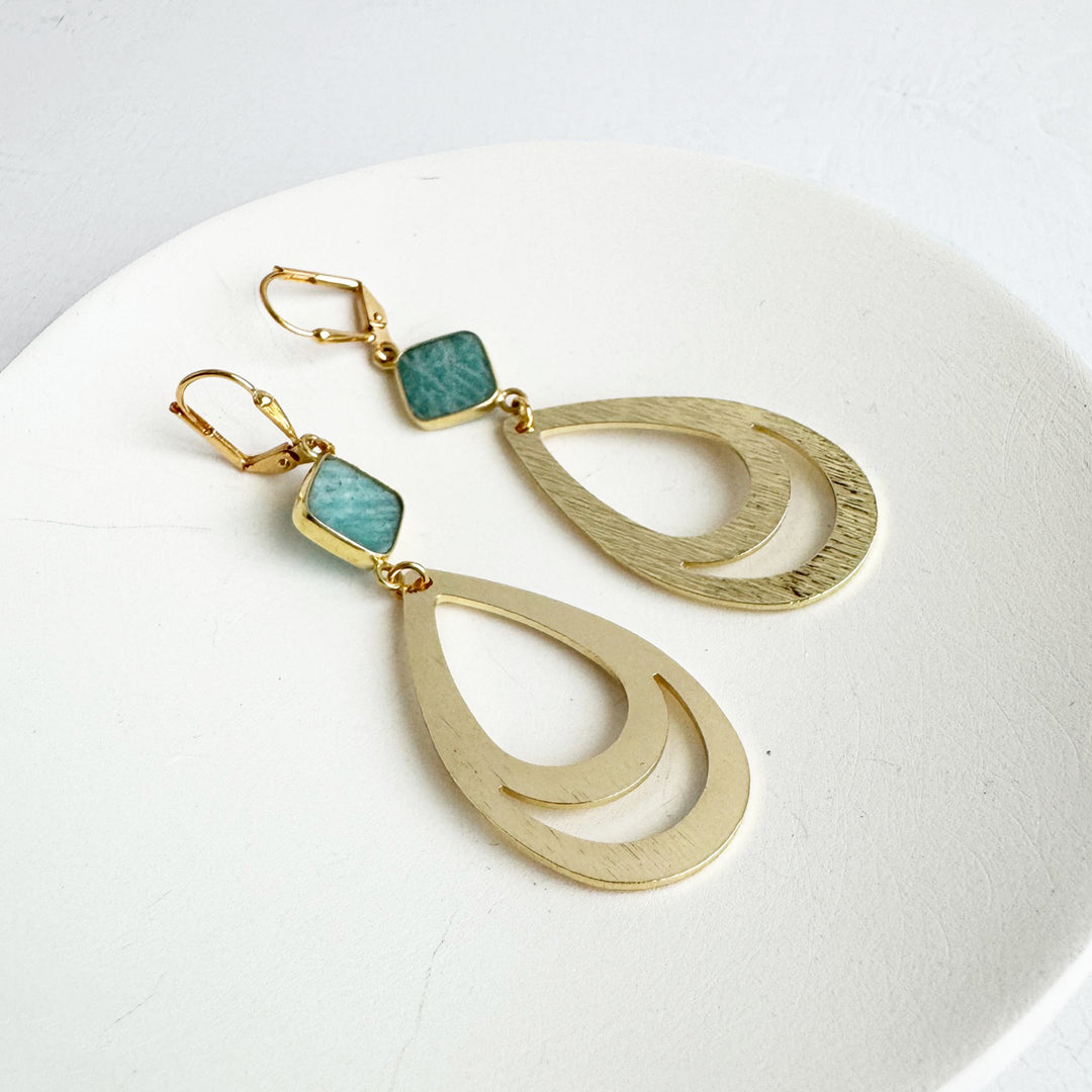 Amazonite Double Teardrop Earrings in Brushed Gold