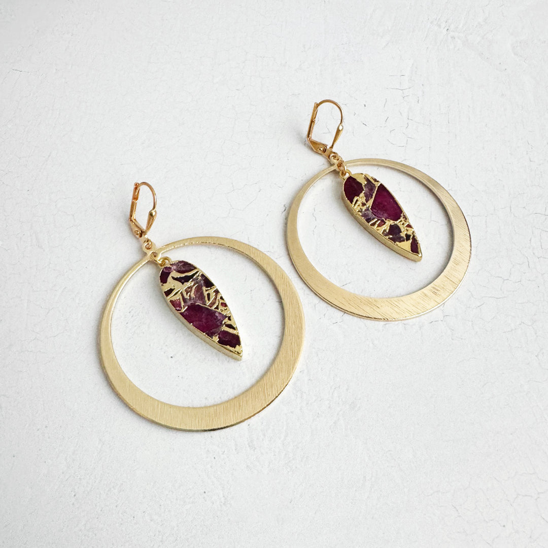 Red Mojave Hoop Statement Earrings in Brushed Gold