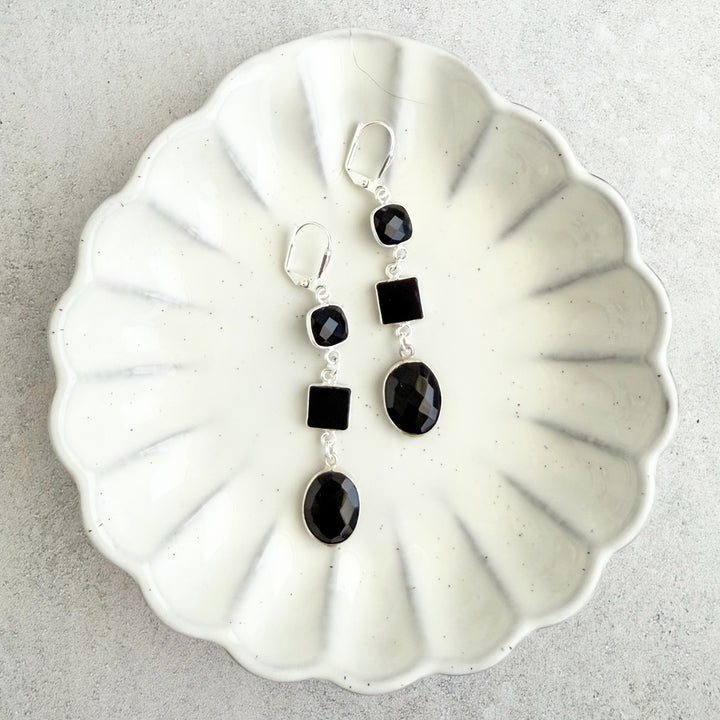 Long Black Onyx Geometric Gemstone Drop Earrings in Silver