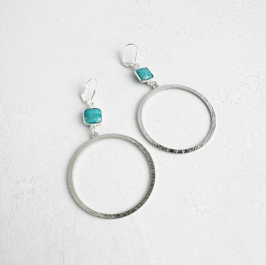 Turquoise Hoop Earrings in Brushed Silver