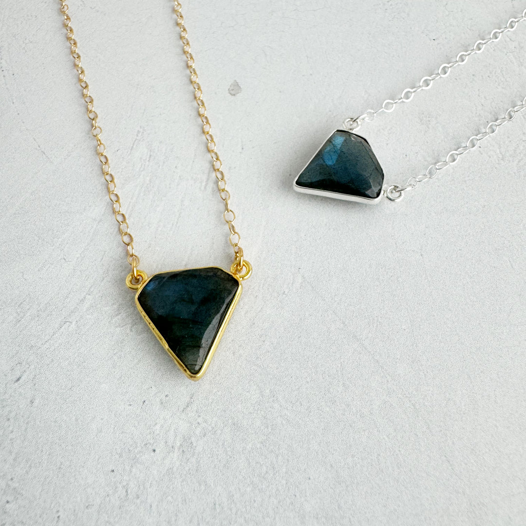 Labradorite Triangle Bezel Necklace in Gold and Silver