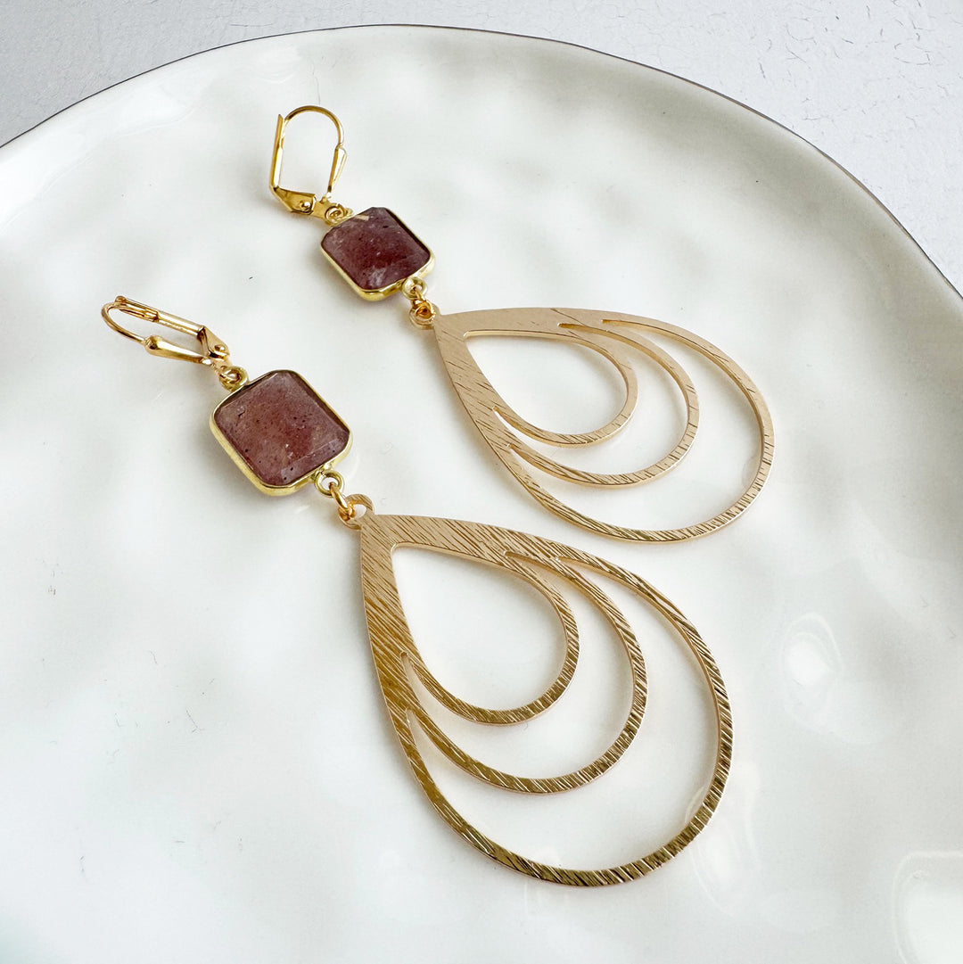 Strawberry Quartz Multiple Teardrop Earrings in Brushed Gold