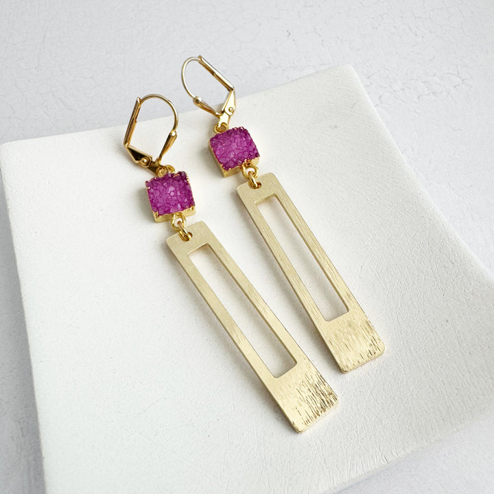 Pink Druzy Rectangle Dangle Earrings in Brushed Gold