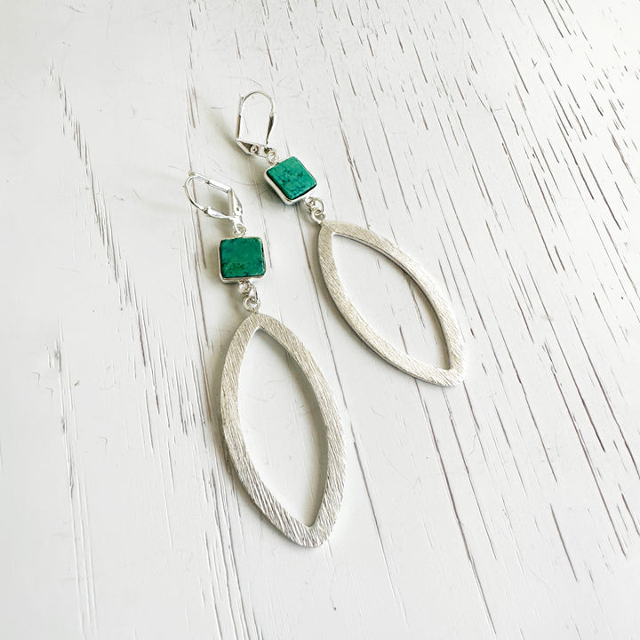 Tibetan Turquoise Marquise Statement Earrings in Brushed Silver