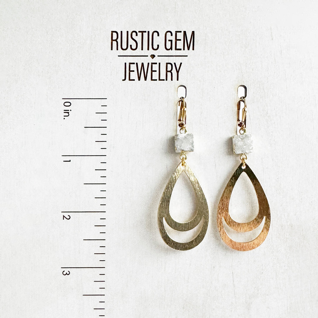 White Gray Druzy Teardrop Earrings in Brushed Gold