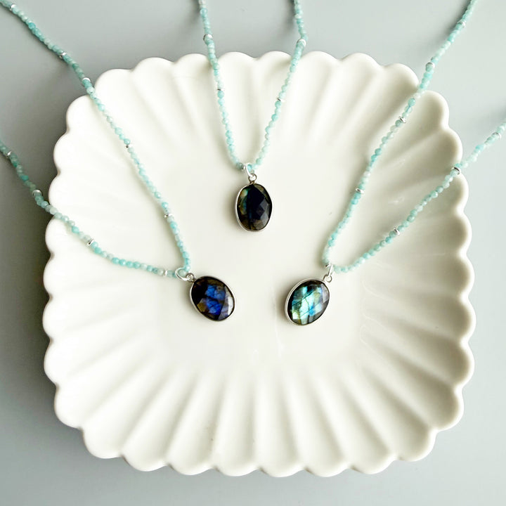 Labradorite Pendant and Amazonite Beaded Necklace in Silver