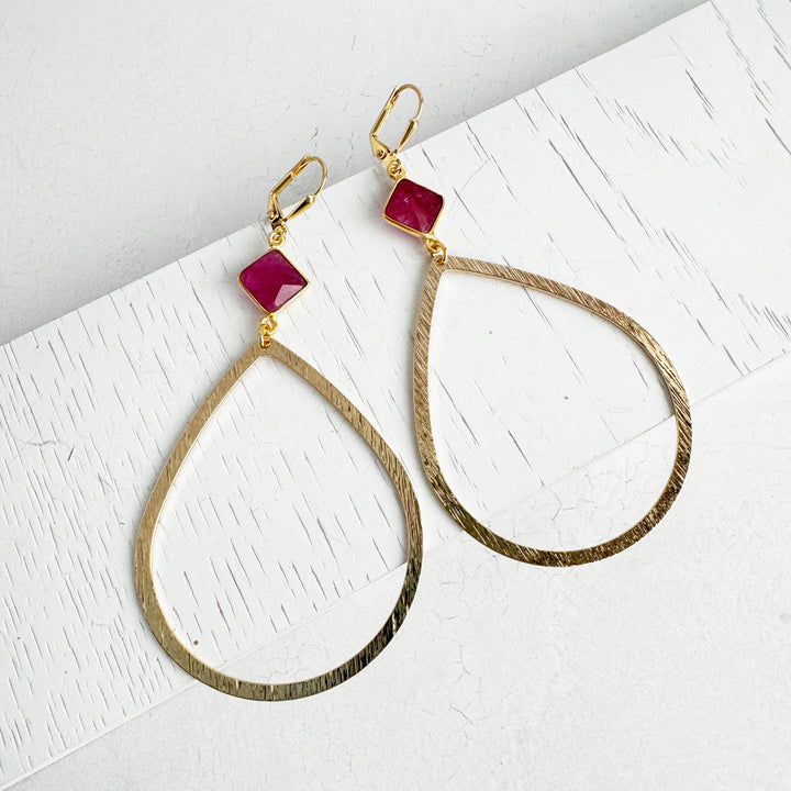 Large Ruby Teardrop Statement Earrings in Brushed Gold