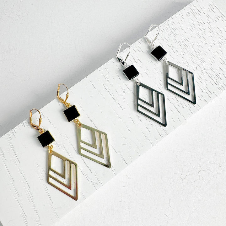 Black Onyx and Layered Diamond Earrings in Gold and Silver