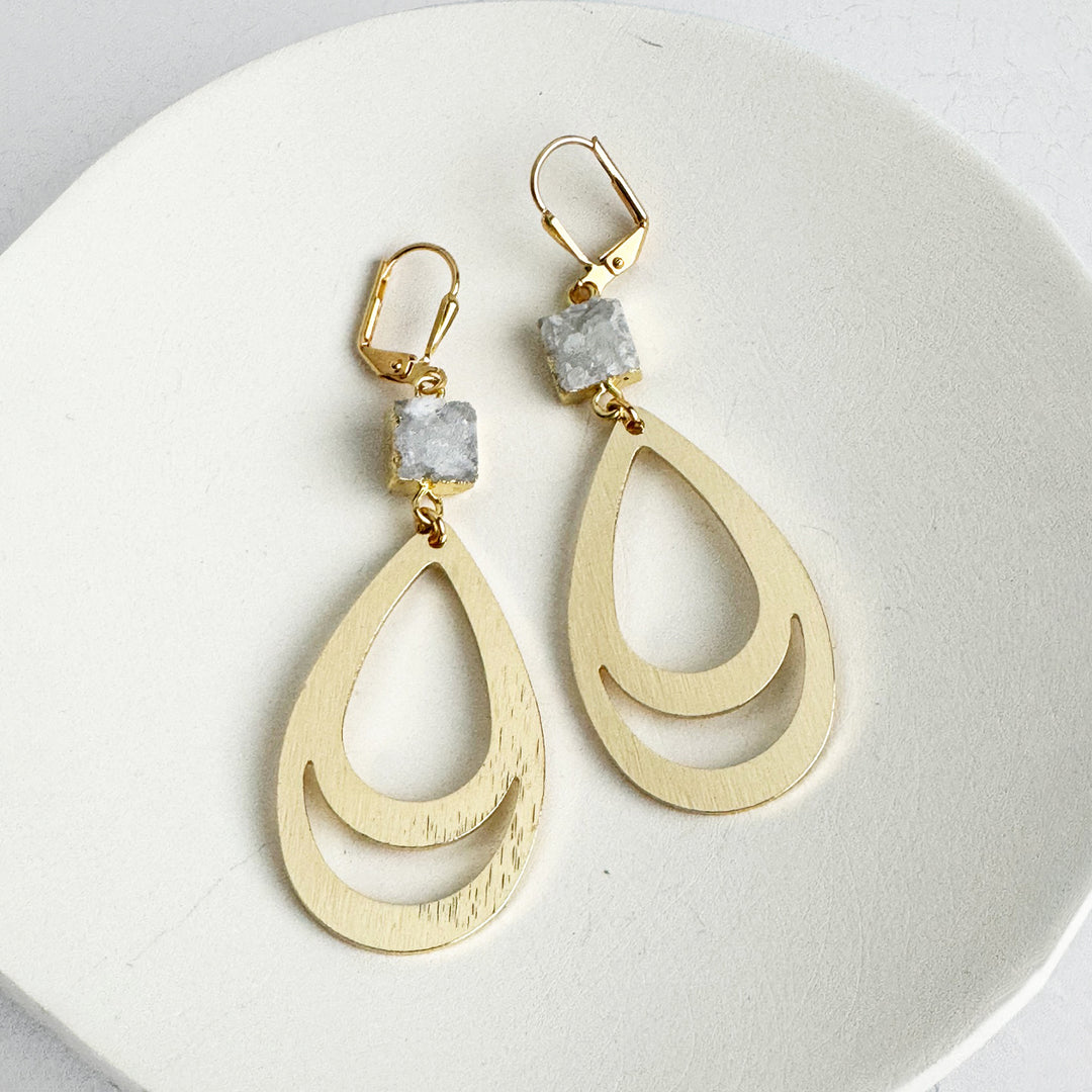 White Gray Druzy Teardrop Earrings in Brushed Gold