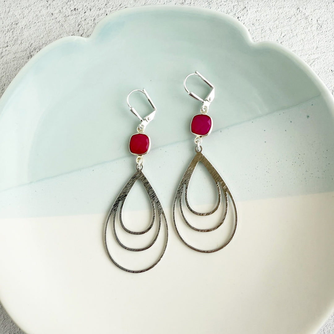 Fuchsia Chalcedony and Multiple Teardrop Earrings in Brushed Silver