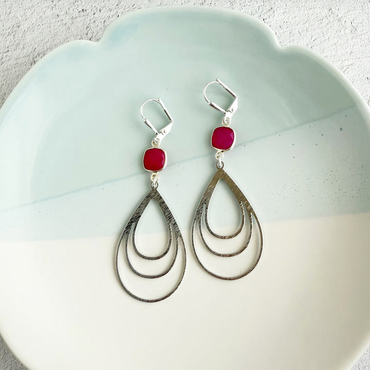 Fuchsia Chalcedony and Multiple Teardrop Earrings in Brushed Silver
