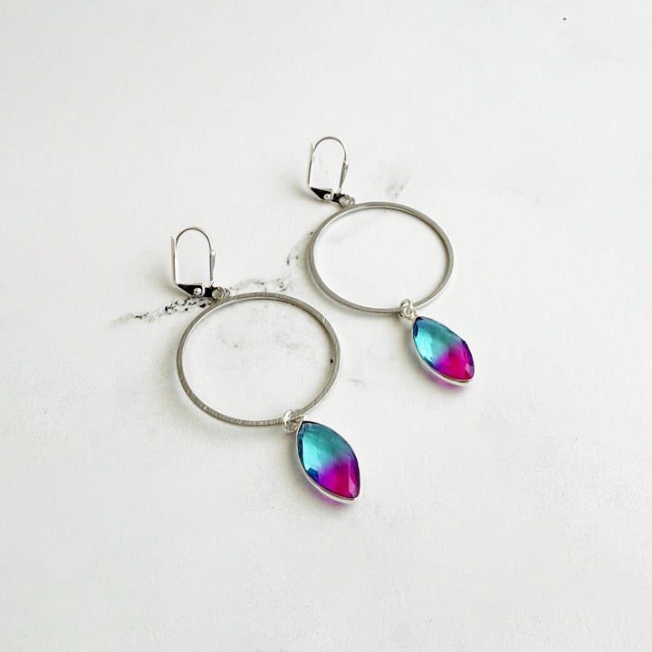 Blue Purple Aura Quartz Hoop Dangle Earrings in Silver