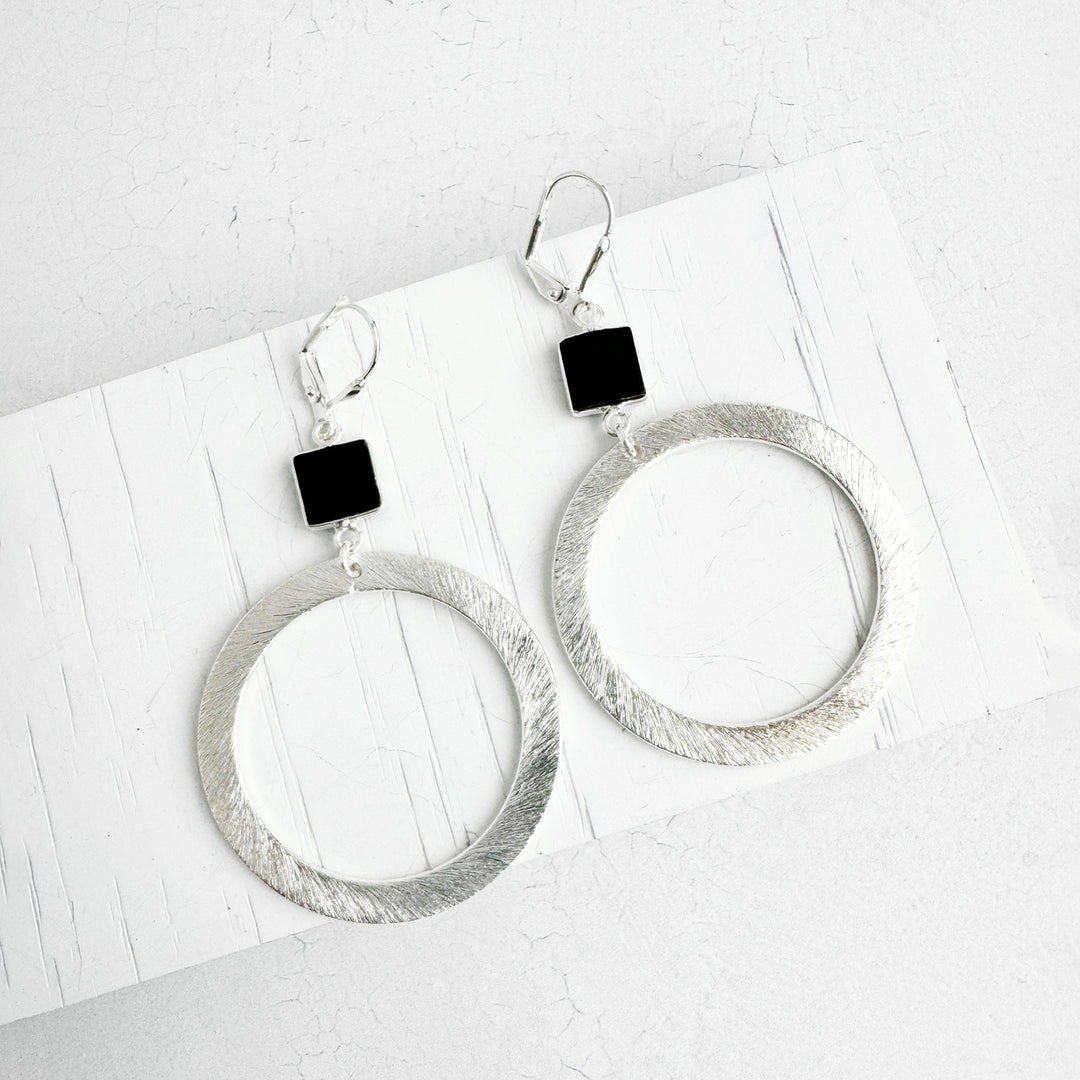 Black Onyx Hoop Earrings in Brushed Silver