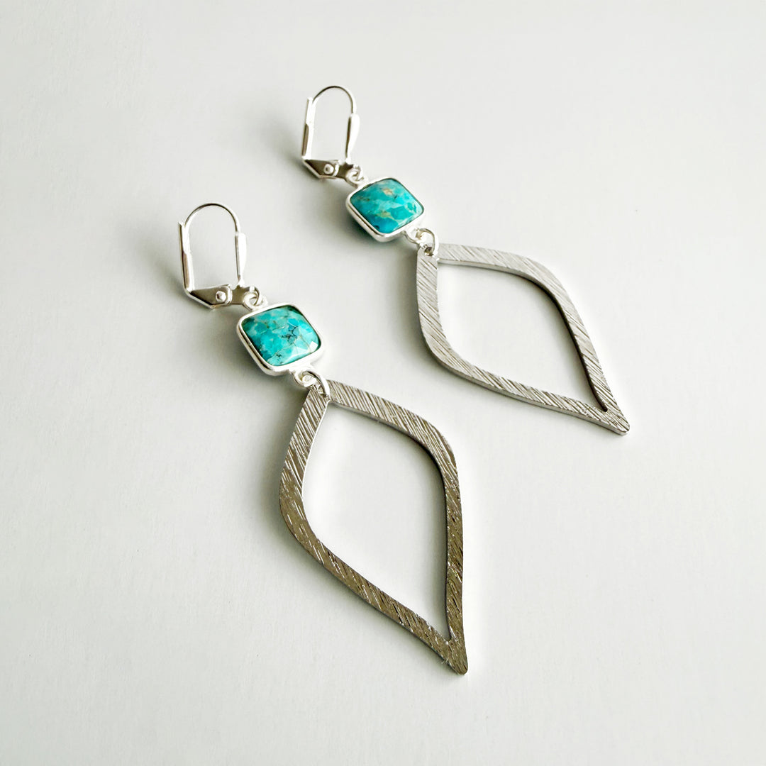 Turquoise Halo Drop Dangle Earrings in Brushed Silver