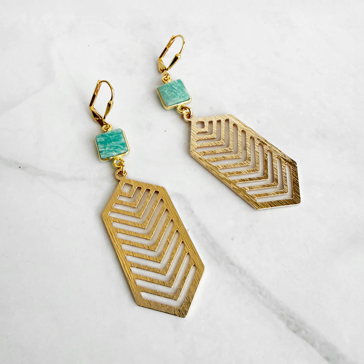 Amazonite Chevron Dangle Earrings in Brushed Gold