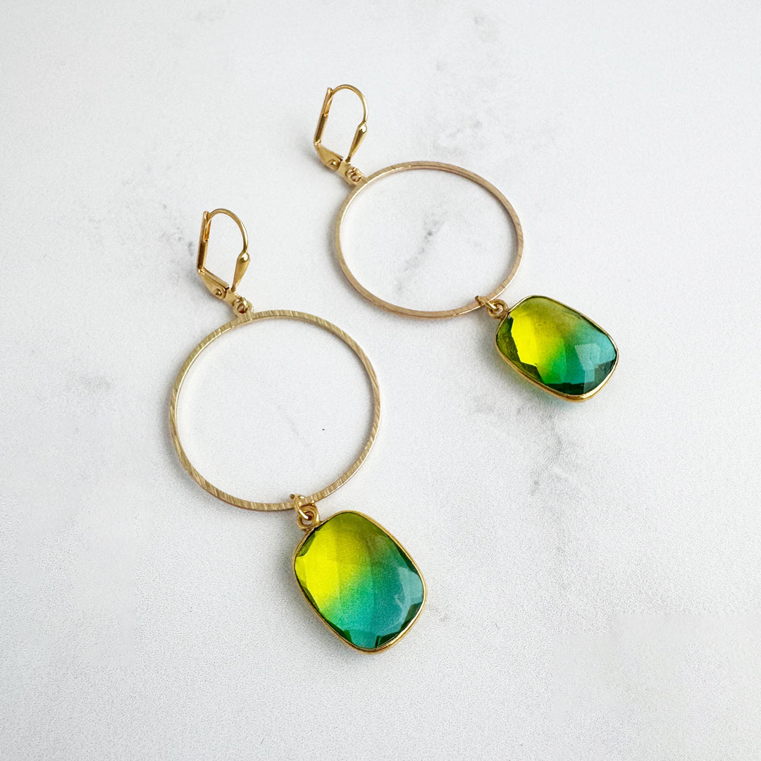 Yellow Green Aura Quartz Hoop Dangle Earrings in Brushed Gold