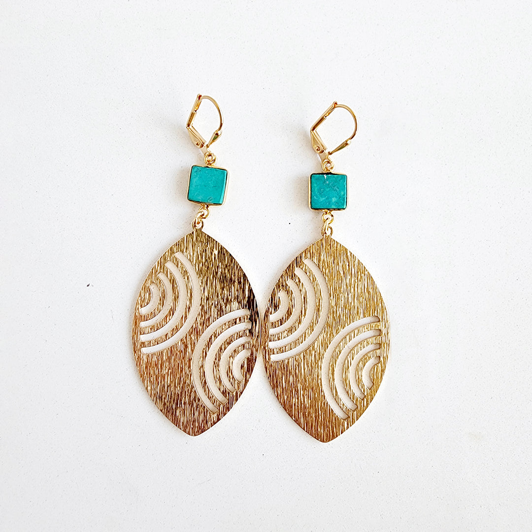 Tibetan Turquoise and Rainbow Etched Marquise Earrings in Brushed Gold