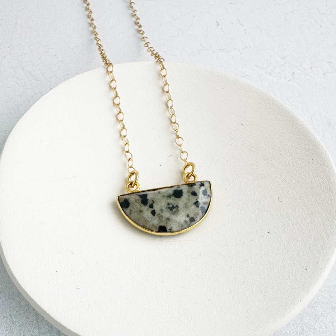 Small Dalmation Jasper Half Moon Crescent Necklace in Gold and Silver