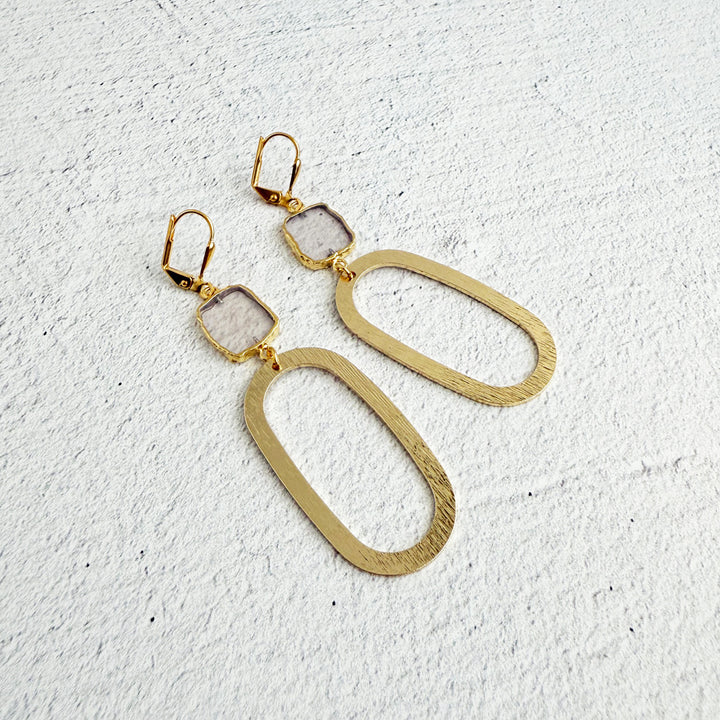 Pale Rose Quartz and Oval Earrings in Brushed Gold