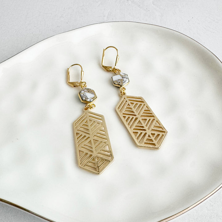 Elongated Hexagon and White Mojave Earrings in Brushed Gold and Silver