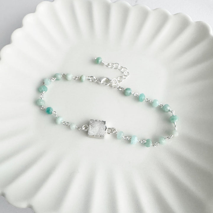 White Druzy and Amazonite Beaded Chain Bracelet in Silver