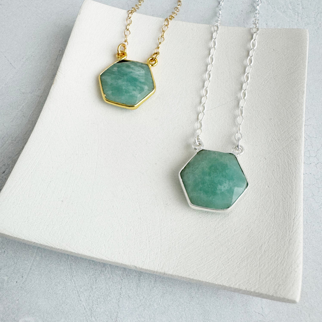 Amazonite Hexagon Bezel Necklace in Gold and Silver