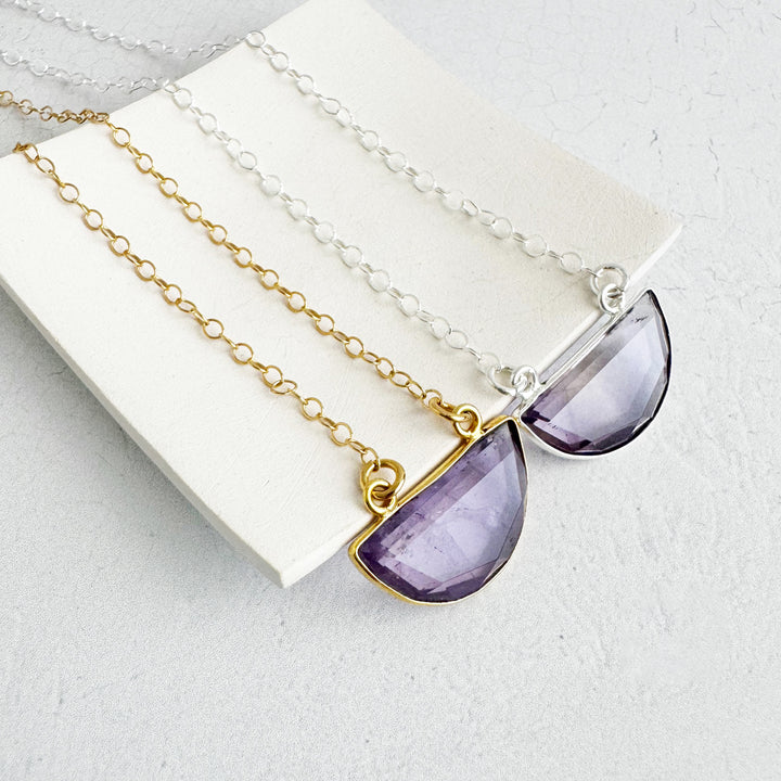 Amethyst Half Moon Crescent Necklace in Gold and Silver