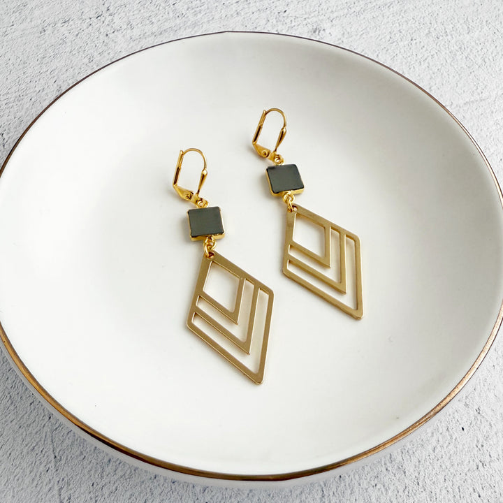 Gray Chalcedony and Layered Diamond Statement Earrings in Gold
