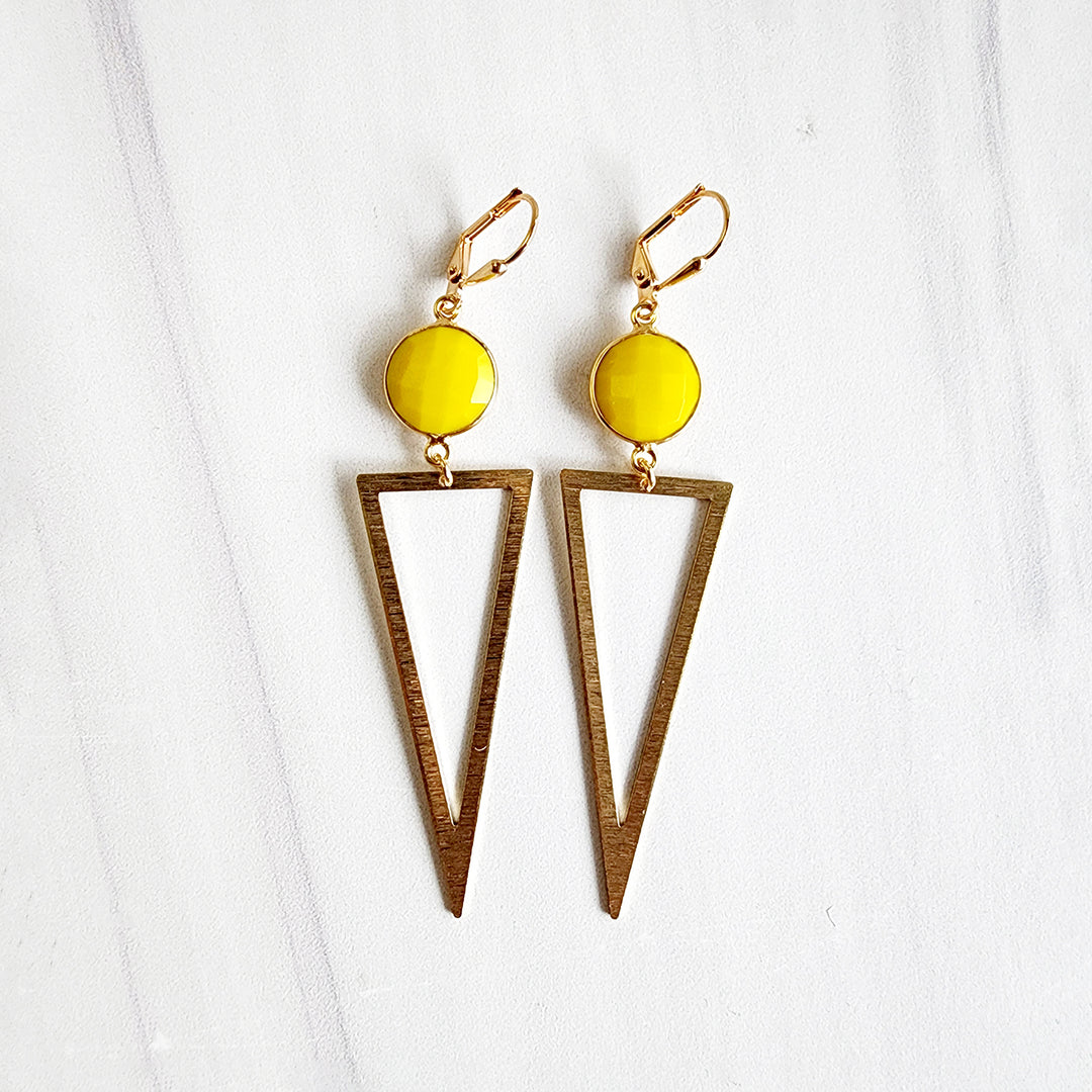 Yellow Agate Triangle Dangle Earrings in Brushed Gold