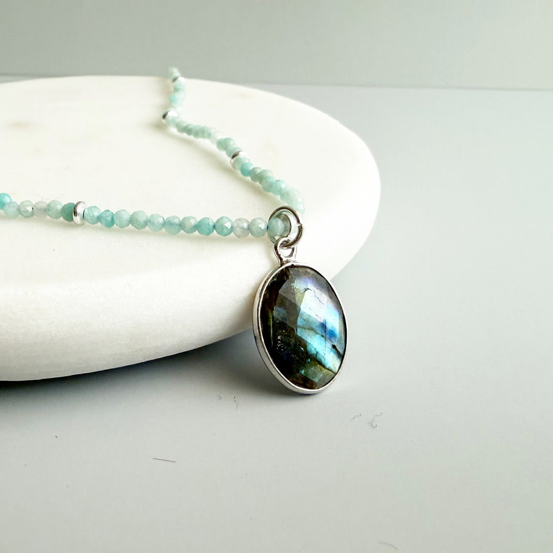 Labradorite Pendant and Amazonite Beaded Necklace in Silver