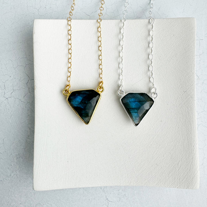 Labradorite Triangle Bezel Necklace in Gold and Silver