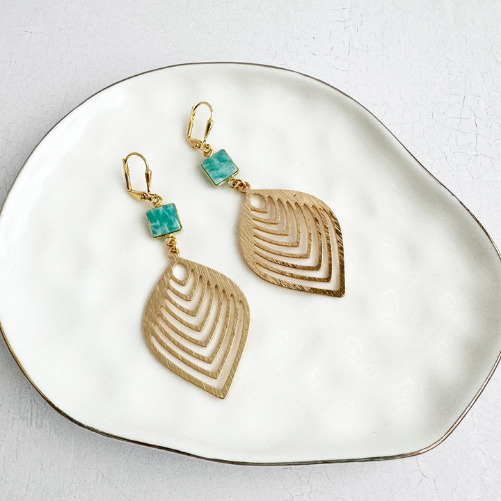 Amazonite Marquise Leaf Earrings in Brushed Gold