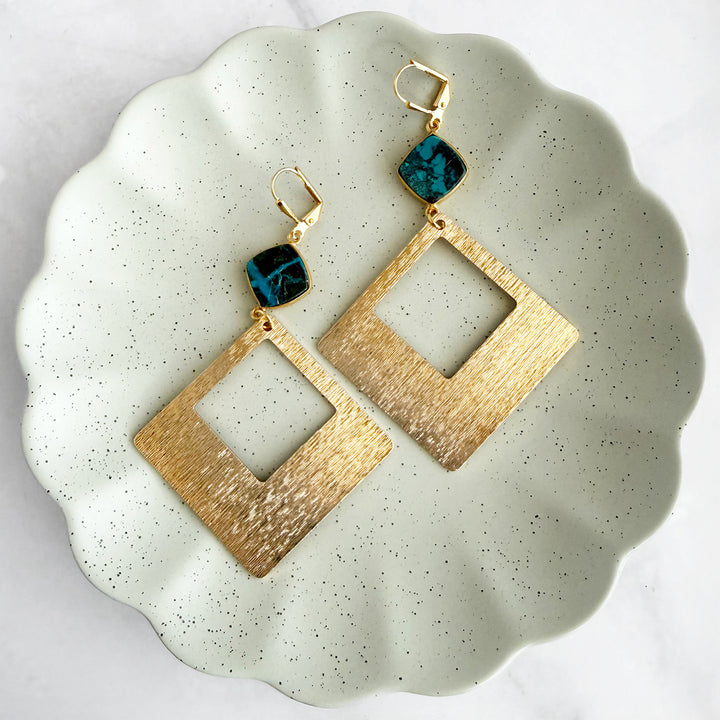 Chrysocolla Diamond Pendant Statement Earrings in Brushed Gold