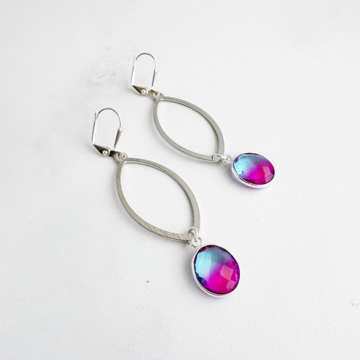 Pink Purple Aura Quartz Marquise Dangle Earrings in Brushed Silver