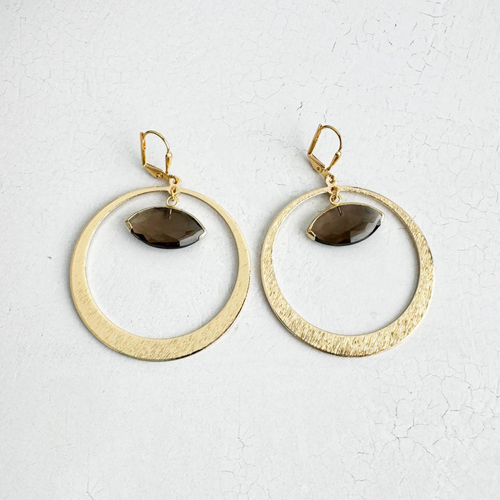 Smoky Quartz Evil Eye Hoop Earrings in Brushed Gold