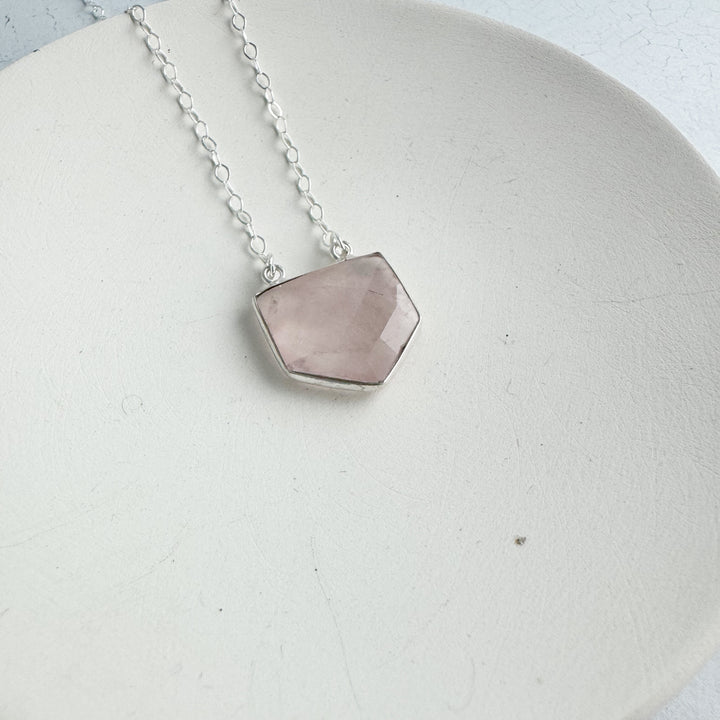 Rose Quartz Shield Necklace in Silver