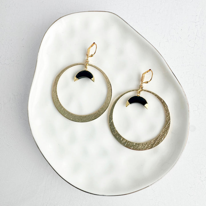 Black Onyx Crescent Hoop Earrings in Brushed Gold