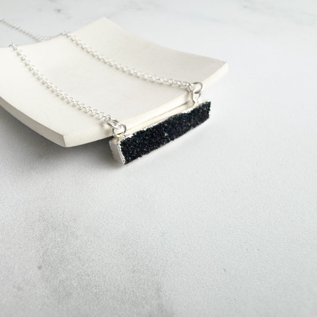 Black Druzy Bar Necklace. Thin Black Druzy Bar Necklace in Sterling Silver