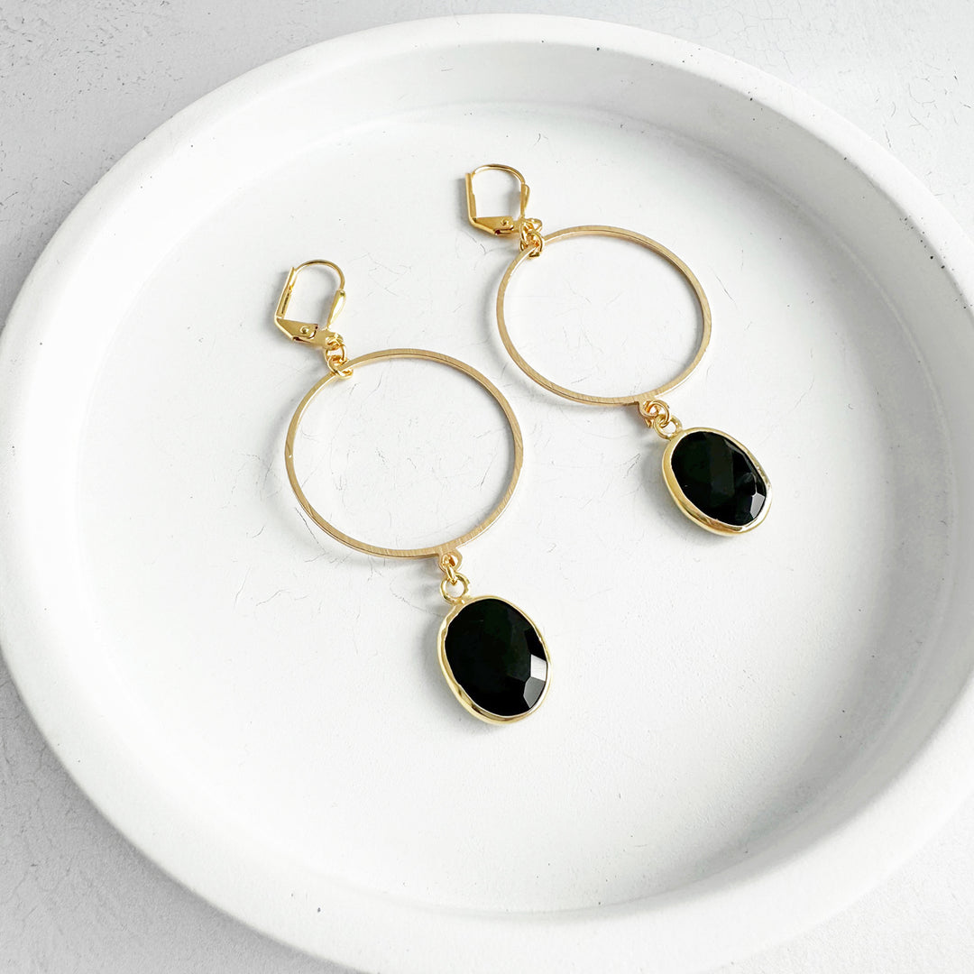 Black Stone Hoop Dangle Earrings in Brushed Gold