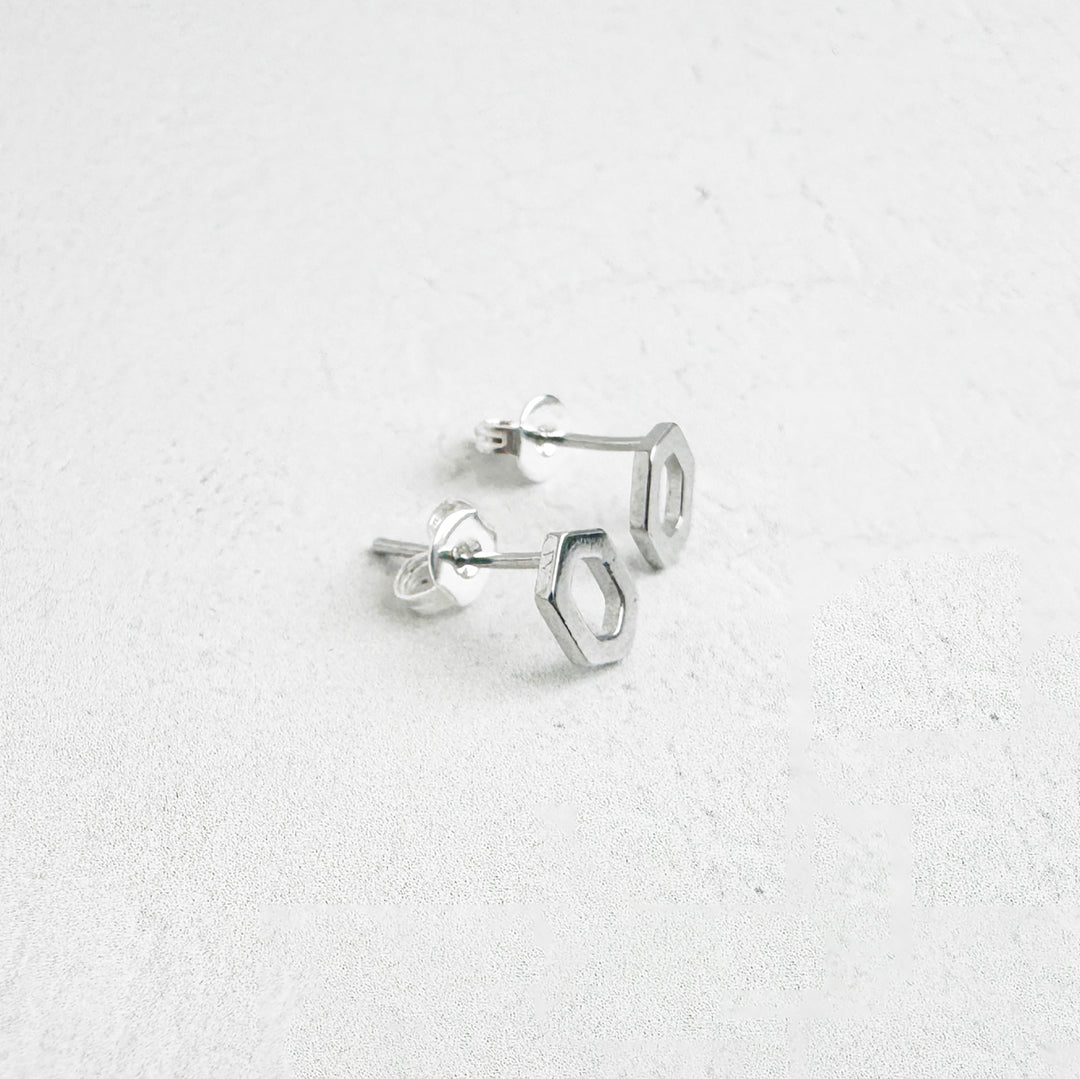 Open Hexagon Stud Earrings in Silver