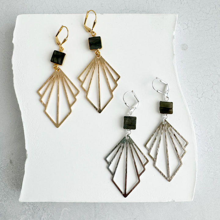 Brushed Fan and Labradorite Gemstone Statement Earrings in Silver and Gold