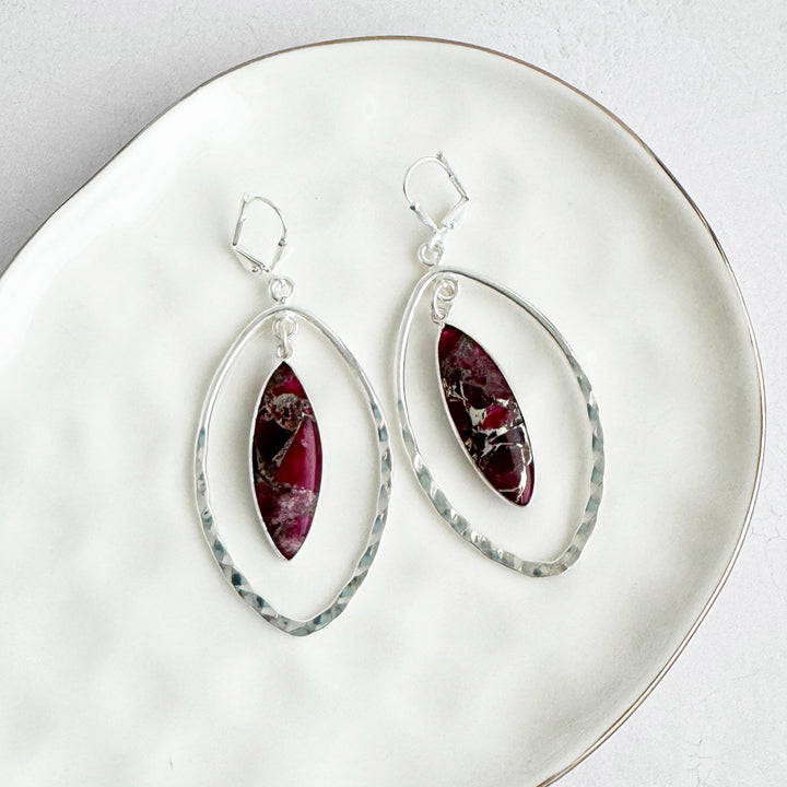 Burgundy Mojave Hammered Marquise Dangle Earrings in Silver