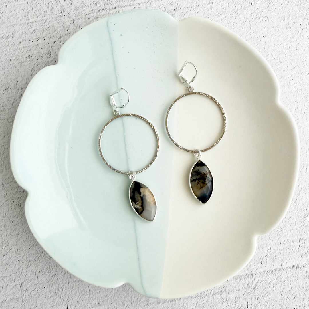 Australian Opal Marquise Hoop Dangle Earrings in Brushed Silver