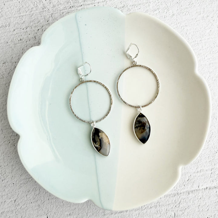 Australian Opal Marquise Hoop Dangle Earrings in Brushed Silver