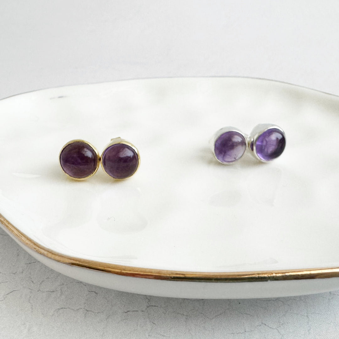 Amethyst Circle Stud Earrings in Gold and Silver